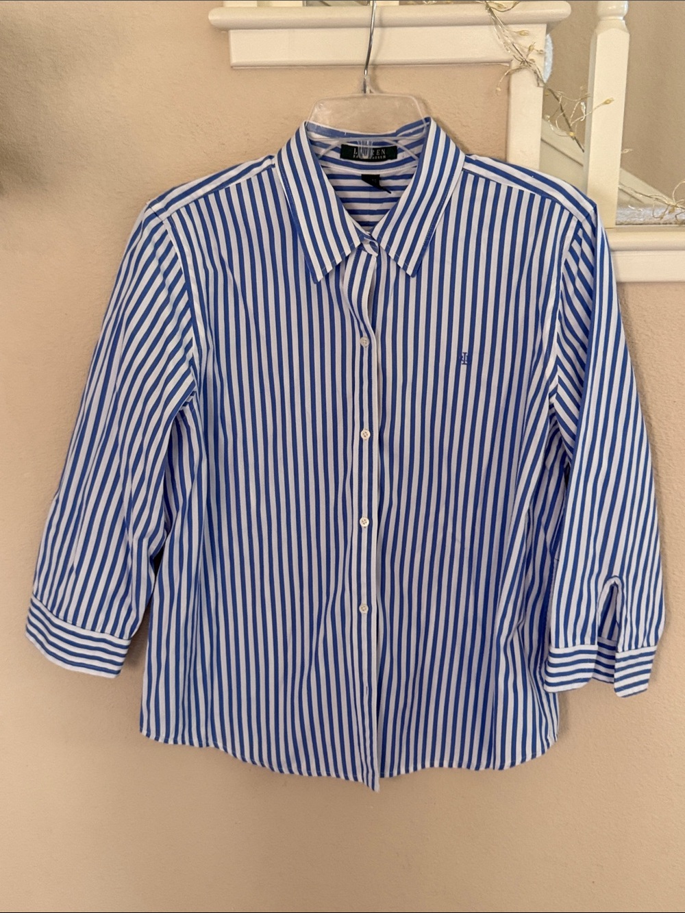 Lauren by Ralph Lauren Blue Stripe Button-Down 3/4 Sleeve Shirt